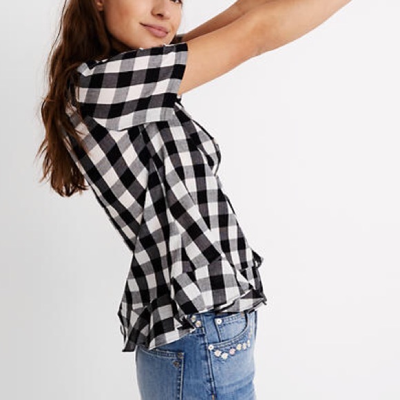 Madewell Black/White Gingham Peplum Short Sleeve Button Down Shirt Size S - Picture 1 of 13